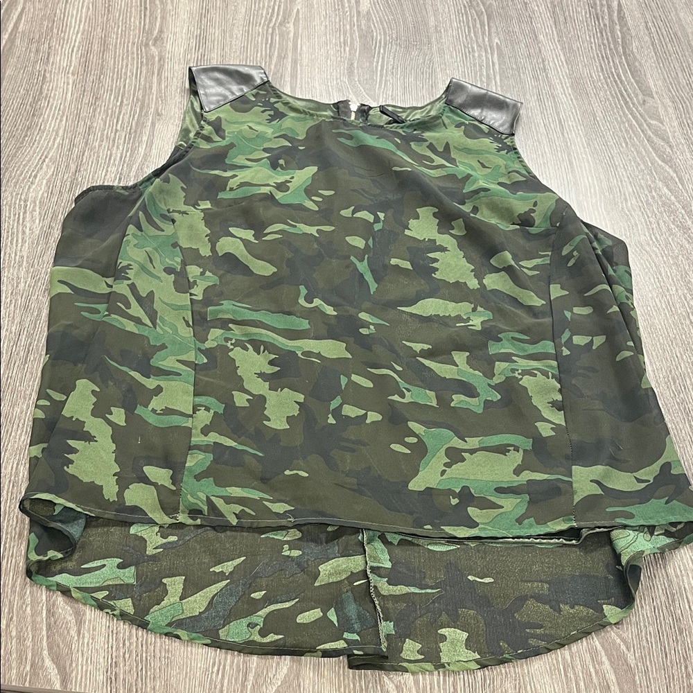 Camouflage Sleeveless Top with Faux Leather Accents